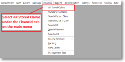 From main menu under Financial tab > Select All Stored Claims